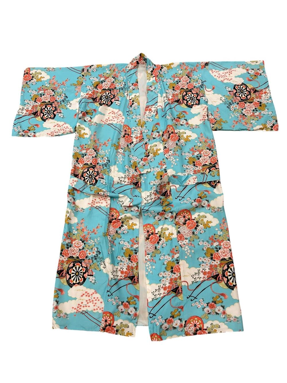 Vintage 1960s Aqua Japanese Floral Kimono Robe Blue Belted Lounge Robe -